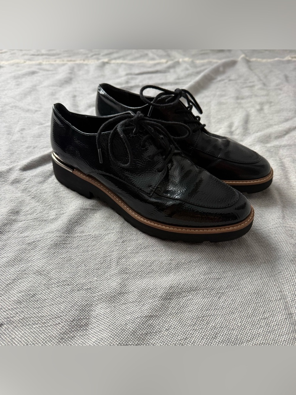 Franco Sarto Black Patent Lace-Up Loafers with Tan Welt